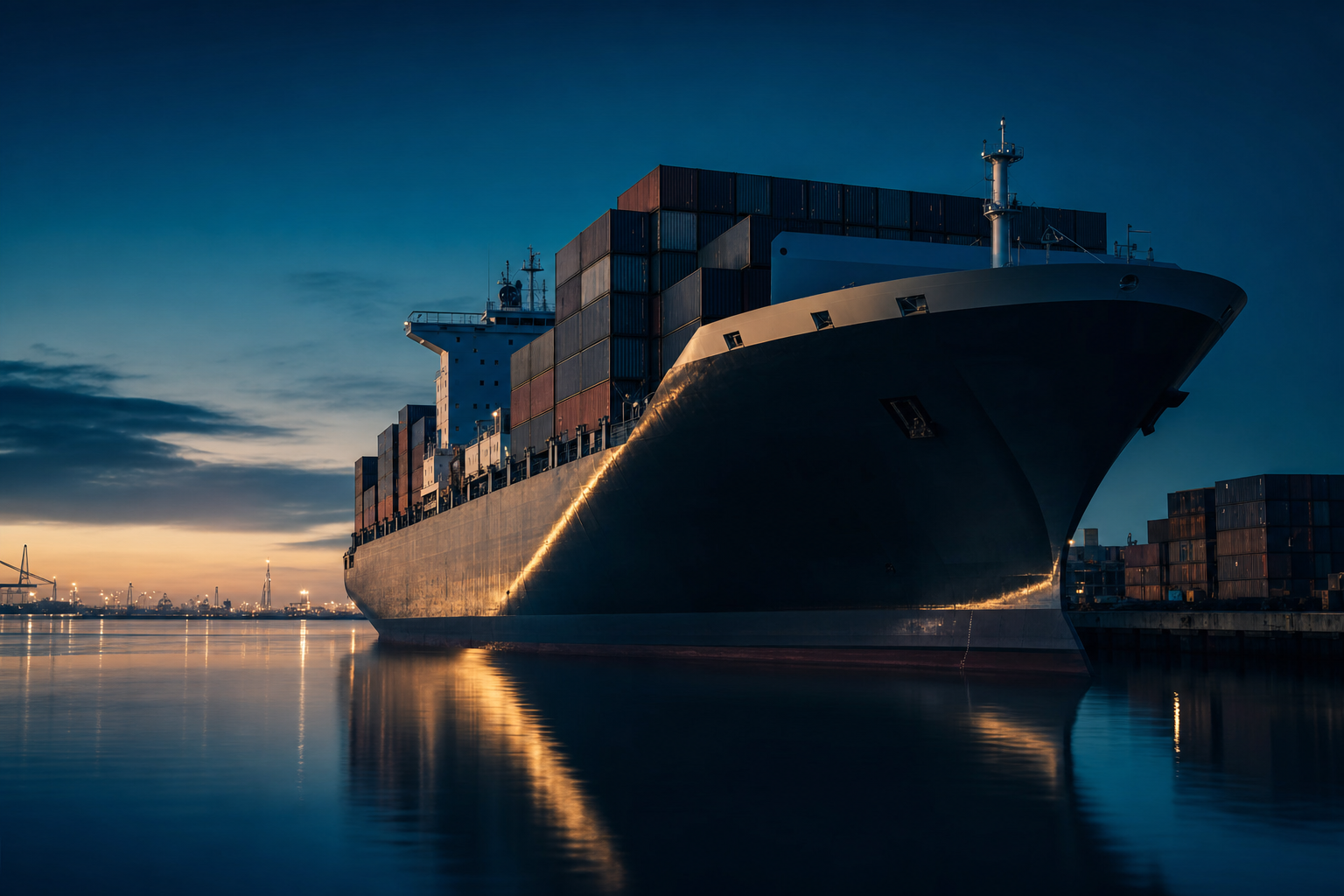 Frachtschiff mit Containern an einem ruhigen Hafen in der blauen Stunde